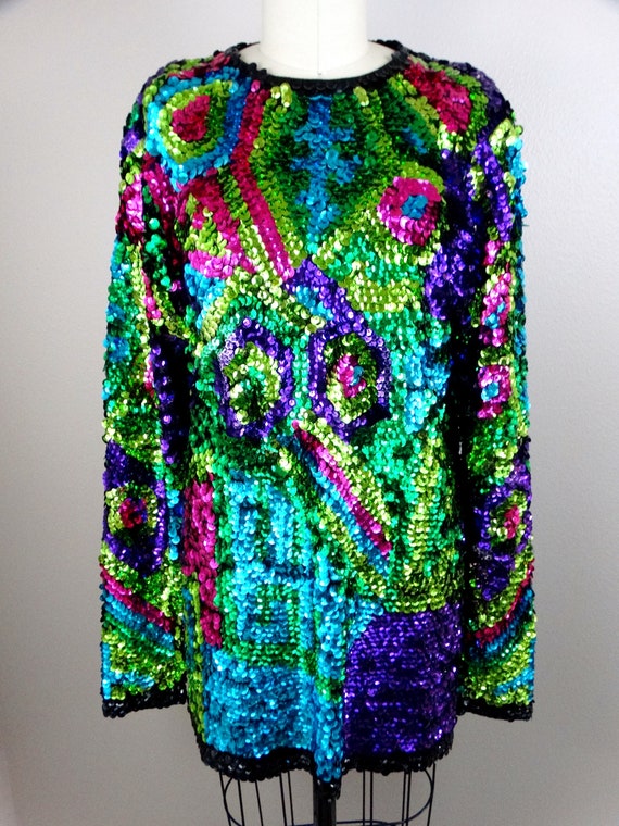 Bright Sparkling Sequin Tunic Top // Kelly Green … - image 2