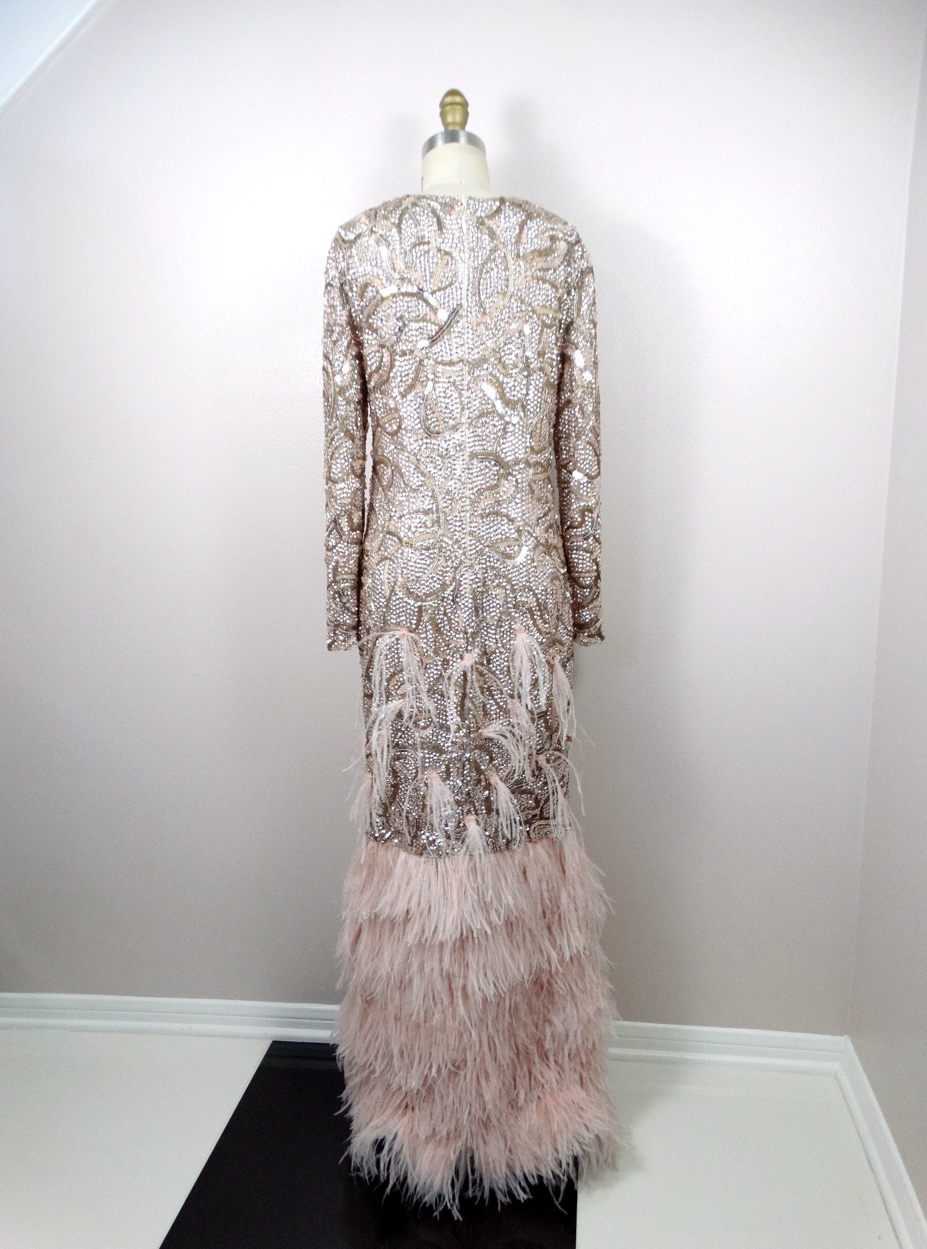Embellished sequin maxi dress with faux feather trim cheap