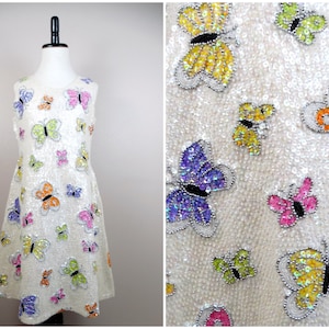 10/12 Girls Vintage Sequin Butterfly Dress / Iridescent White Sequined Beaded Butterflies Dress / Preteen Teen Pageant Dress