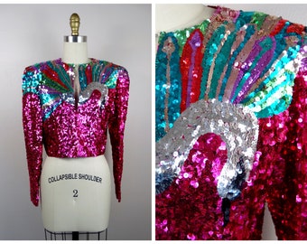 Abstract Swan Sequined Bolero / Bird Novelty Cropped Jacket / Bright Pink Sequin Bolero Shrug by Jean Louis Scherrer Paris Couture