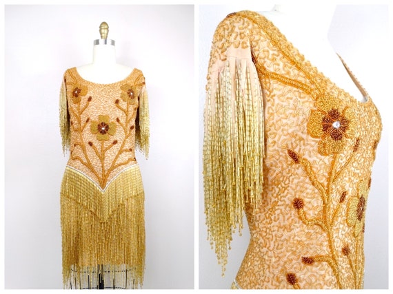 HEAVY Fringe Beaded Mini Dress // Glam Gold Haute… - image 4