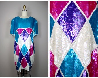 Plus Size Bright Sequined Dress // Diamond Shape Blue White Purple and Pink Sequin Embellished Dress // Vintage Hand Beaded Dress L XL