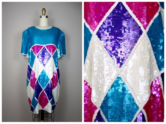 Plus Size Bright Sequined Dress // Diamond Shape … - image 1