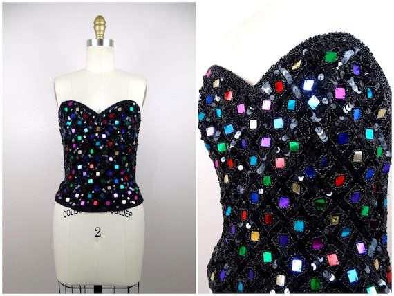 Jewel Sequined Beaded Art Deco Bustier // Rainbow… - image 1