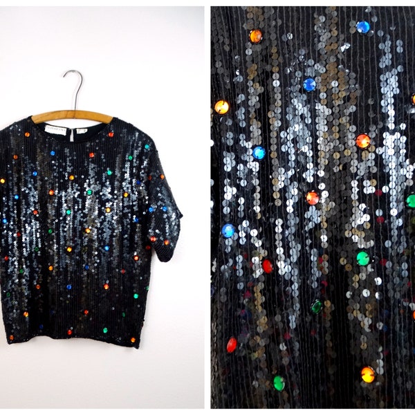 80s 90s Jewel Embellished Boxy Top / 1980's Sequin Party Top / Rainbow Bedazzled Beaded Jeweled Sequined Shirt