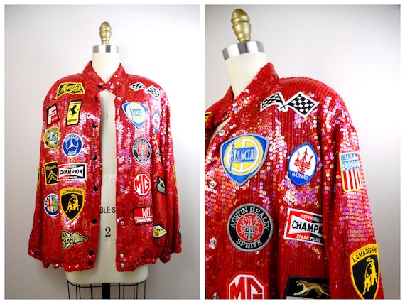 Luxury Automotive Sequined Racing Jacket Car / Vintage / Etsy Bomber Sequined - Novelty Red Coat Fully Patches