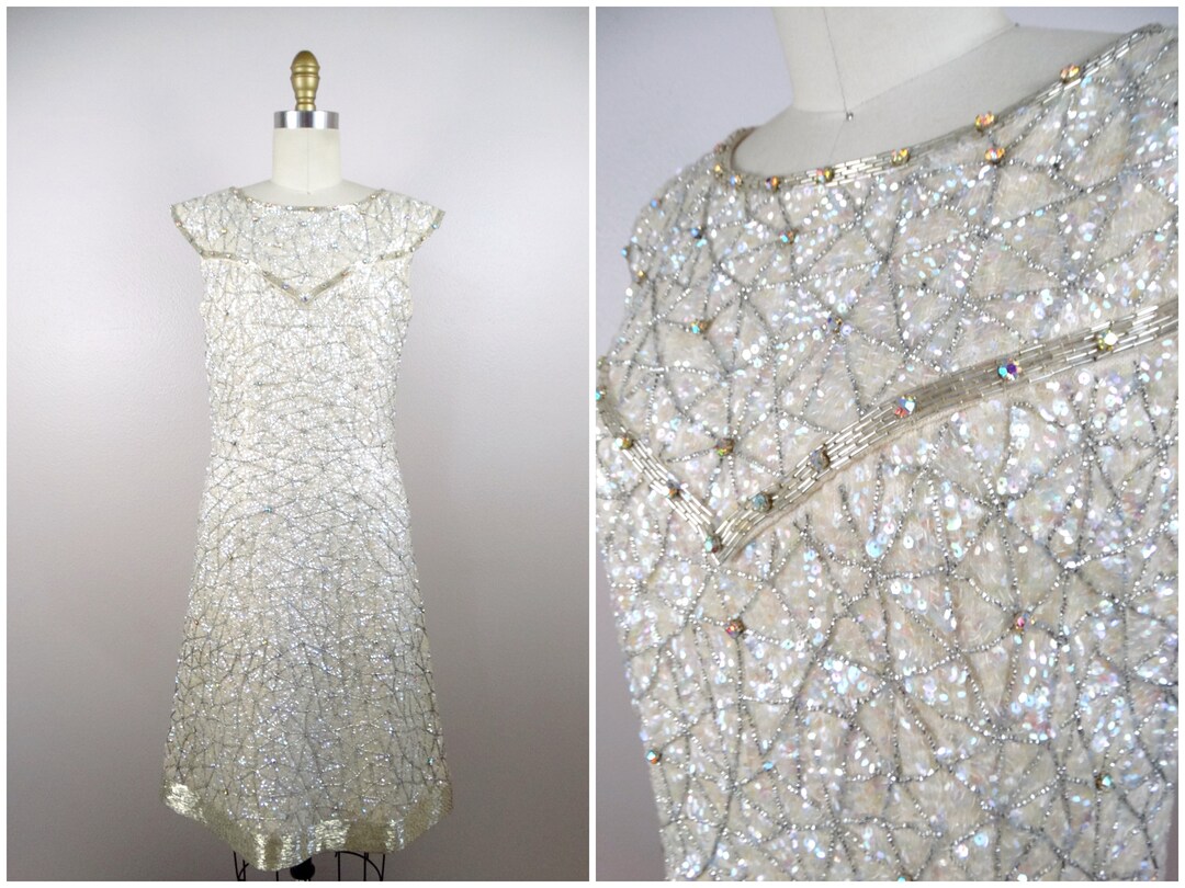 50s 60s Crystal Beaded Couture Dress / Iridescent Ivory Sequined ...