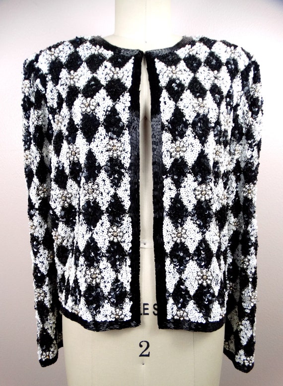 VTG Pearl Beaded Black and White Sequined Jacket … - image 2