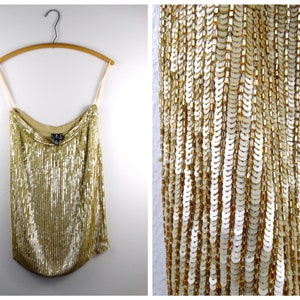 S/M Gold Beaded Sequin Silk Skirt / Metallic Beaded Skirt