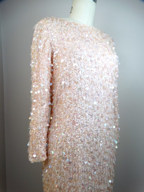 50s Fringe Paillette Sequined Dress / Blush Pink … - image 2