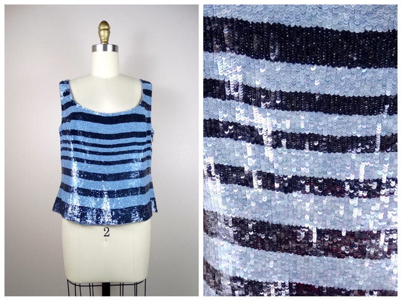 ESCADA Striped Sequin Top Fully Sequined Beaded Designer Top Size 44