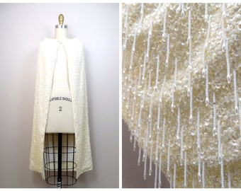 Haute Couture Fringe Pearl Beaded Sequin Embellished Ivory Bridal Cloak / One of a Kind Vintage Wedding Cape O/S