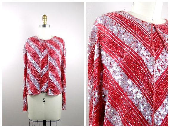 S/M Red and Pink Fully Sequined Jacket // Iridesce