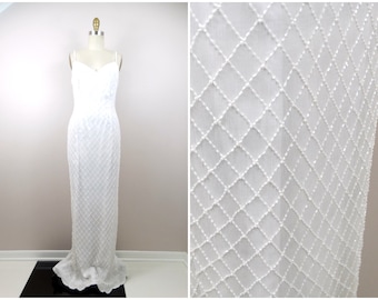 White Beaded Vintage Wedding Dress / Pearl Embellished Wedding Gown
