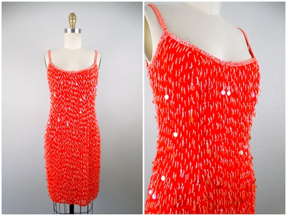 Neon Beaded Sequin Paillette Dress Fluorescent Sequined Dress Bright Red Orange Fringe Embellished Mini Dress