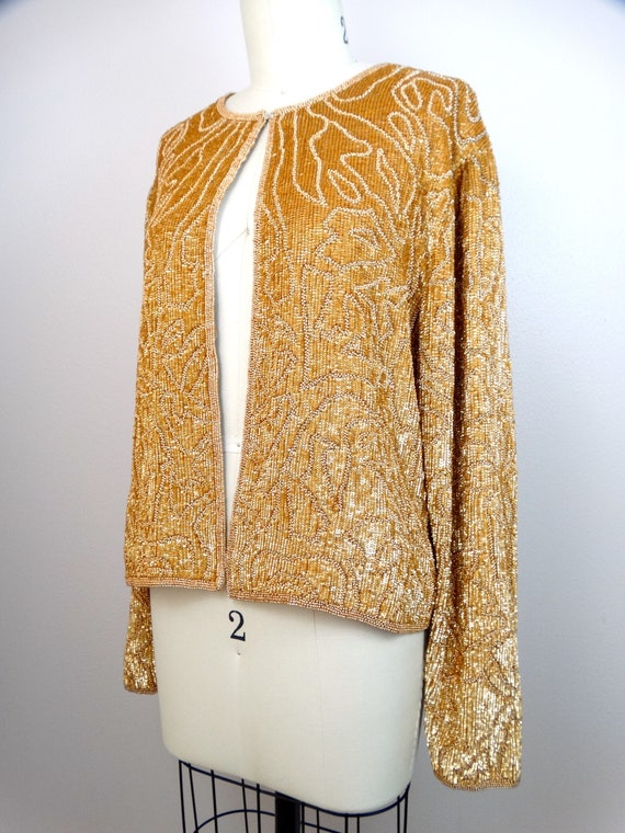 L/XL Metallic Gold Sequin Jacket // Matte Bronze … - image 3