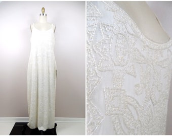 Vintage Heavily Beaded Wedding Dress / Ivory Embellished Wedding Gown Large XL