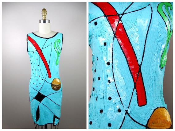 XS/S Abstract Art Sequin Dress / Geometric Sequin… - image 7