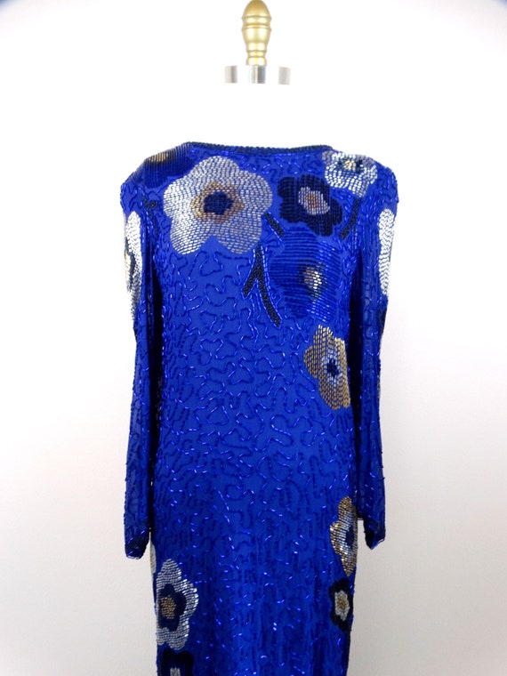 Royal Blue Beaded Gown // Open Back Silk Embellis… - image 2