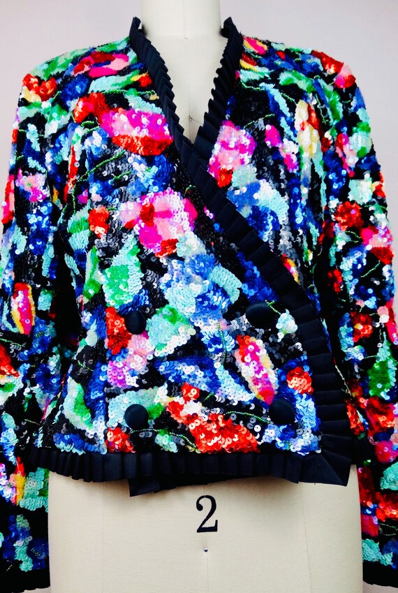 90s Couture Sequined Wrap Top / Bright Floral Seq… - image 3