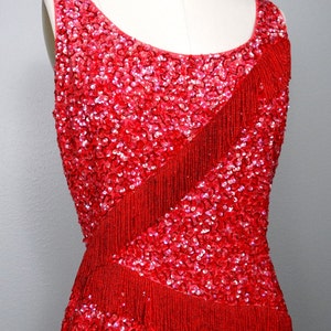 50s 60s Fringe Beaded Mini Dress / Vintage Heavily Beaded Sequined Dress / 1950s 1960s Wiggle Dress / Red Mini Dress image 2