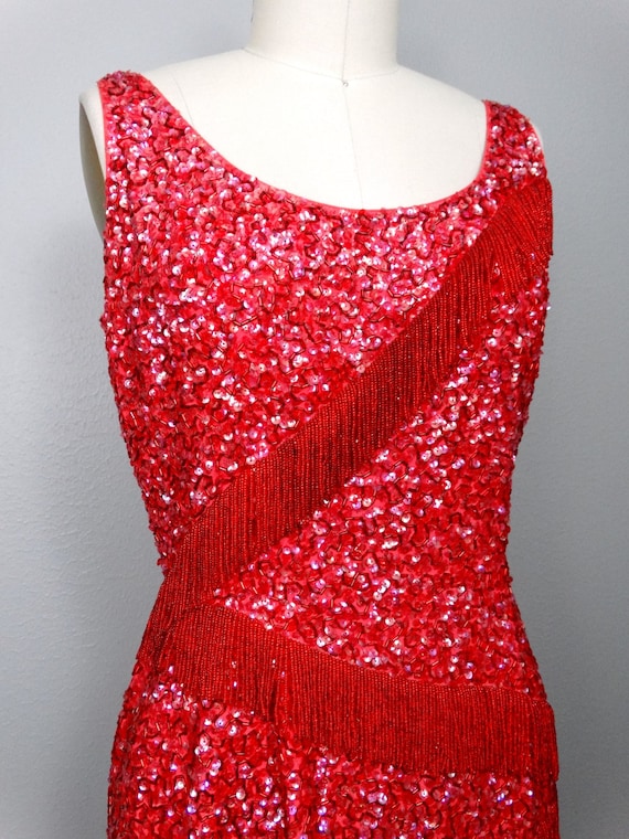 50s 60s Fringe Beaded Mini Dress / Vintage Heavil… - image 2