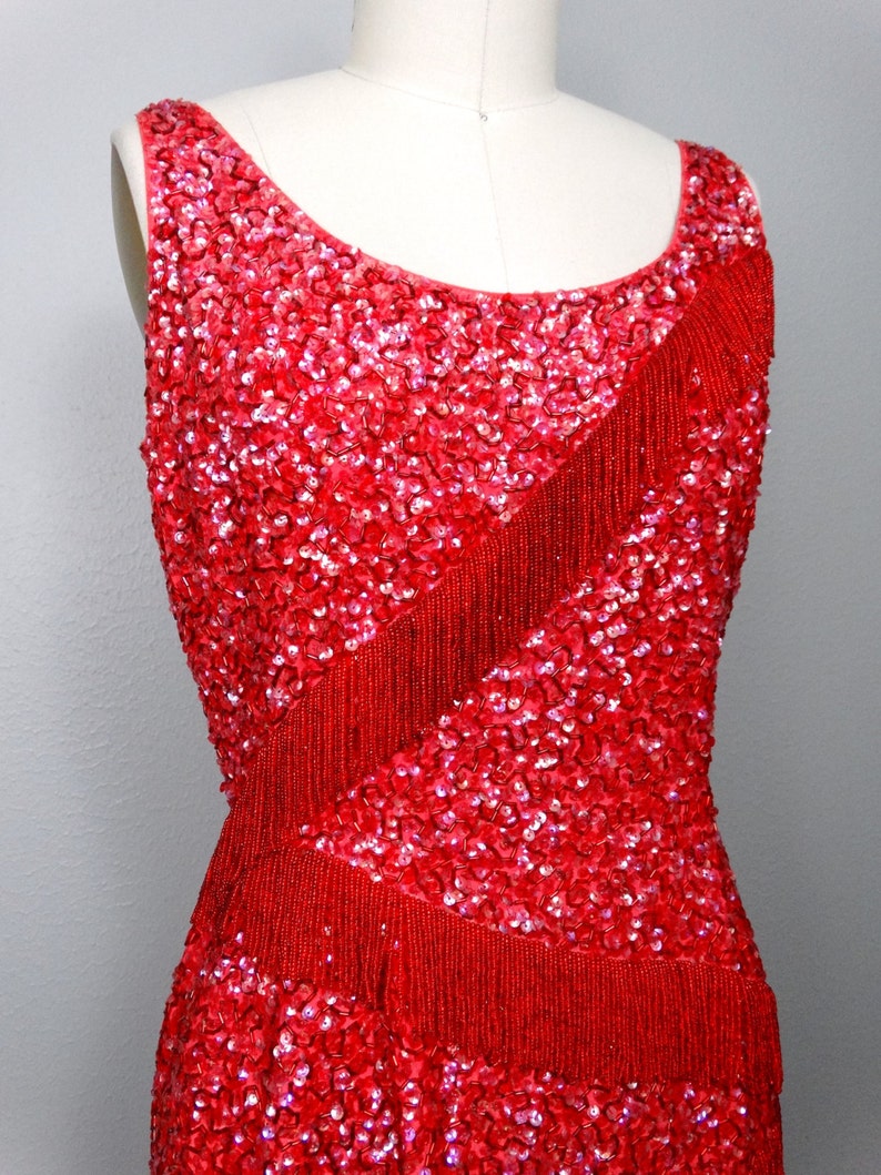 50s 60s Fringe Beaded Mini Dress / Vintage Heavily Beaded Sequined Dress / 1950s 1960s Wiggle Dress / Red Mini Dress image 2