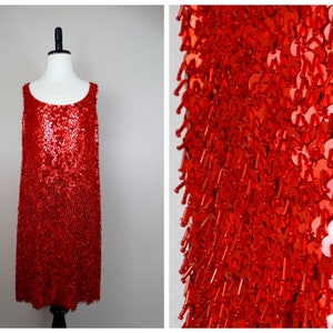 S/M All Fringe Beaded Mini Dress // Shaggy Wiggle Cocktail Party Dress // Heavily Sequined Red Dress