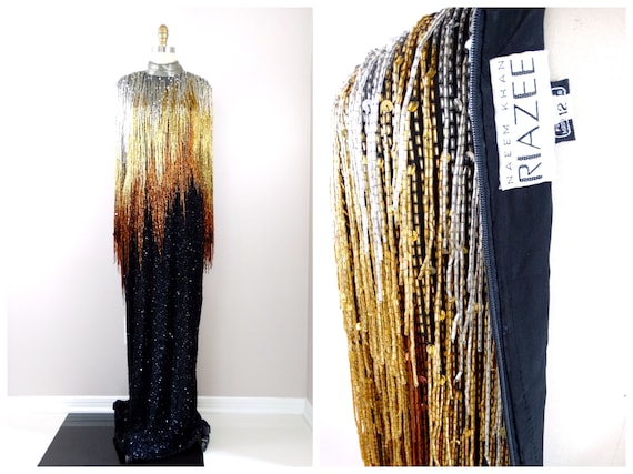 braxae Naeem Khan Heavy Beaded Fringe Gown Heavily Embellished Evening Dress by Riazee Fringed Beaded Couture Gown 10 lbs