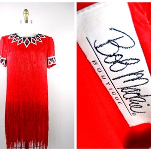 Bob Mackie Perlenkleid // Vintage Rote Seide Fringe Perlen Minikleid // Stark Verziertes Designer Couture Fransenkleid Größe 10