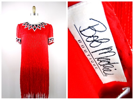 Bob Mackie Beaded Dress // Vintage Red Silk Fring… - image 1