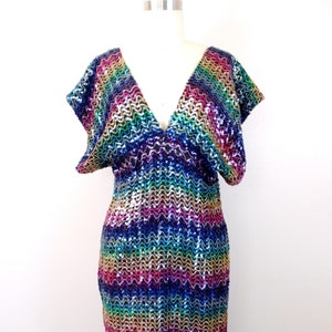 70s Ombré Rainbow Sequin Gown // Bright Vintage Sequin Maxi Dress ...