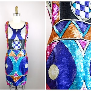 80s Vintage Sequin Dress / 1980’s Embellished Dress / Purple Pink and Blue Dress Medium