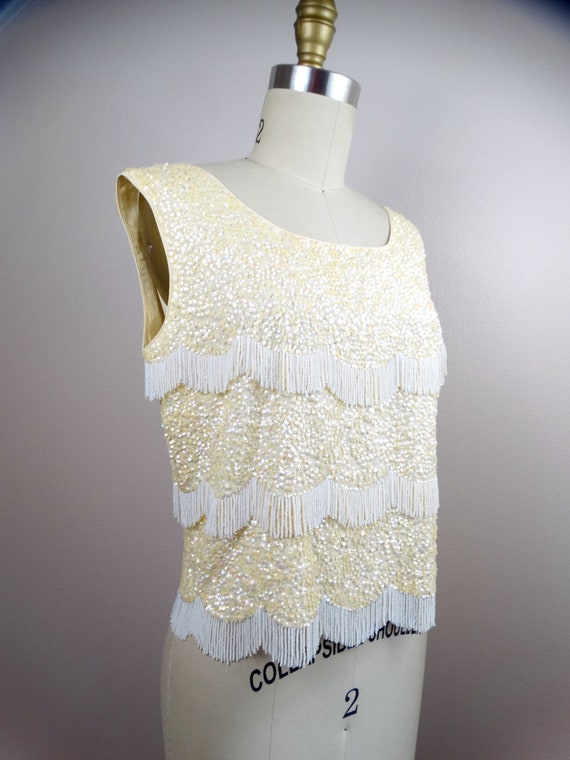 VTG Ivory Sequin White Fringe Beaded Top // 1950s… - image 3