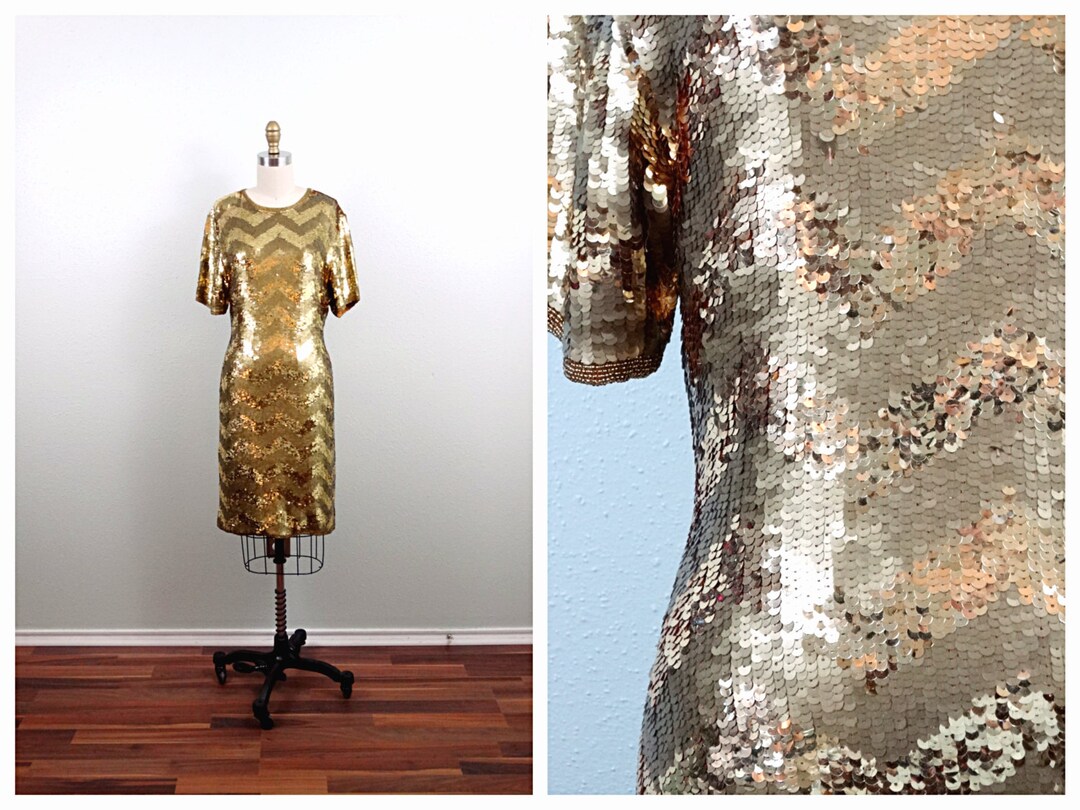 Vintage Gold Sequin Mini Dress  Chevron Party Dress (XS/S) - Etsy Denmark