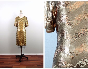 Vintage Gold Sequin Mini Dress • Chevron Party Dress (XS/S)