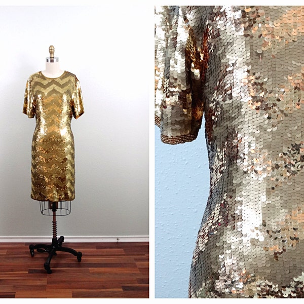 VTG Gold Sequin Dress • Gold Sequined Bridesmaid Dress • Gold Mini Dress • Golden Chevron Deco Dress