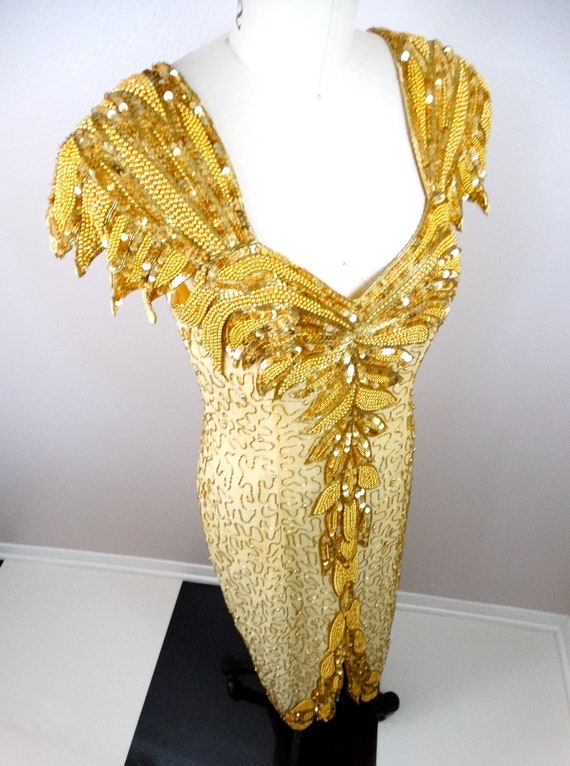 Art Deco Gold Sequin Dress // Vintage Beaded Sequ… - image 5