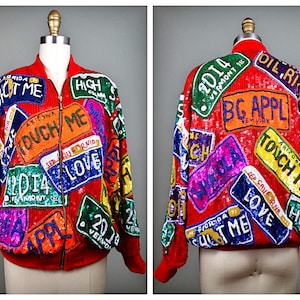 RARE 80s Sequined Bomber Jacket // Retro Wearable Art Sequin Embellished Jacket // License Plate Love Novelty Sequined Beaded Jacket