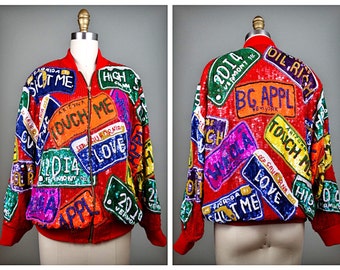 RARE 80s Sequined Bomber Jacket // Retro Wearable Art Sequin Embellished Jacket // License Plate Love Novelty Sequined Beaded Jacket