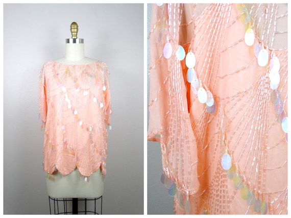 Sparkly Paillette Sequin Top / Peach Silk Sequine… - image 1