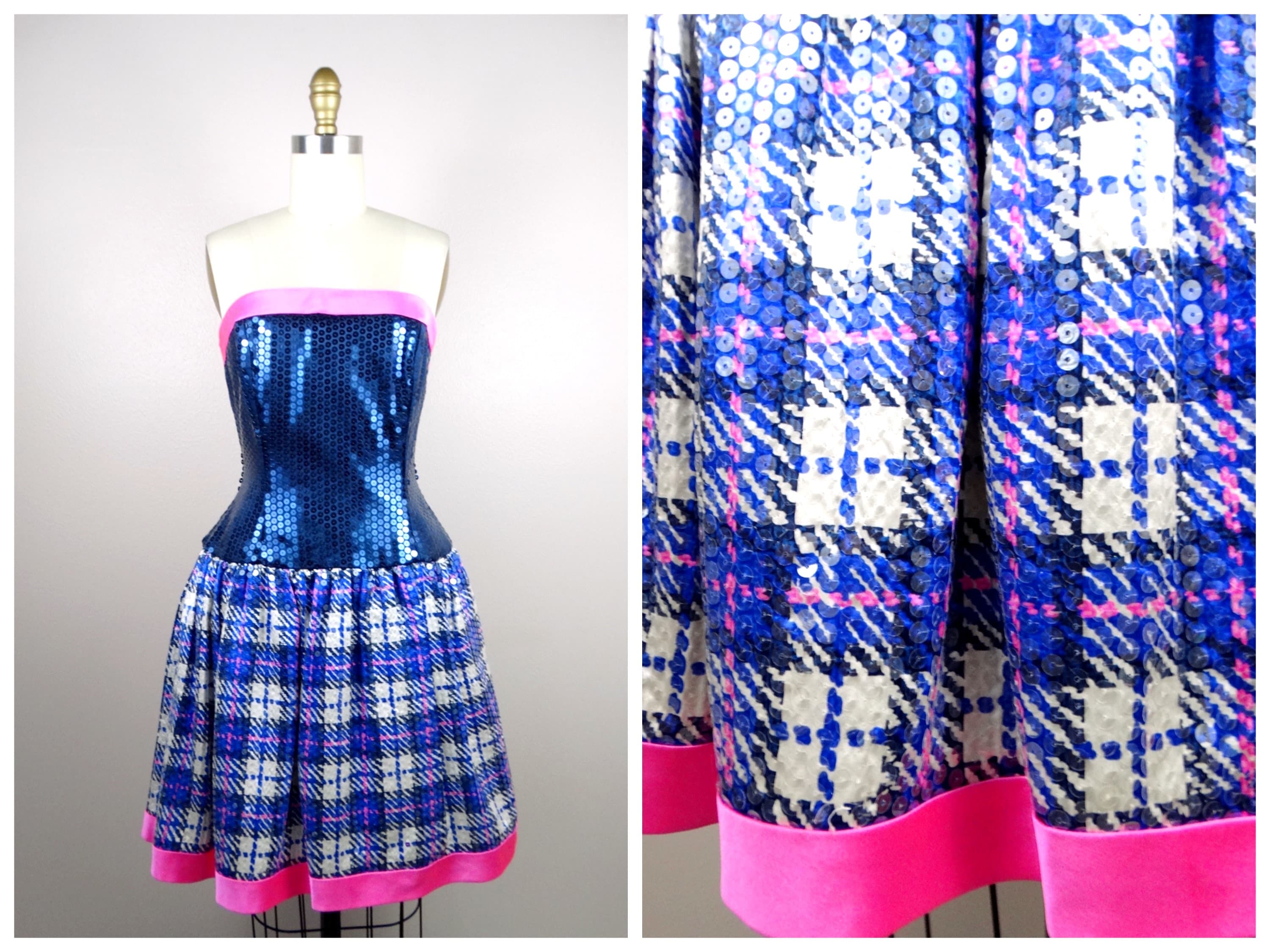 Preppy Strapless Sequin Dress / 90s Retro Blue and Pink Plaid Tartan  Cocktail Party Dress - Etsy
