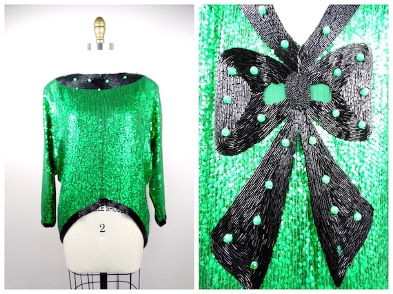 RARE Beaded Glam Bow Emerald Sequin Dolman // Vin… - image 1