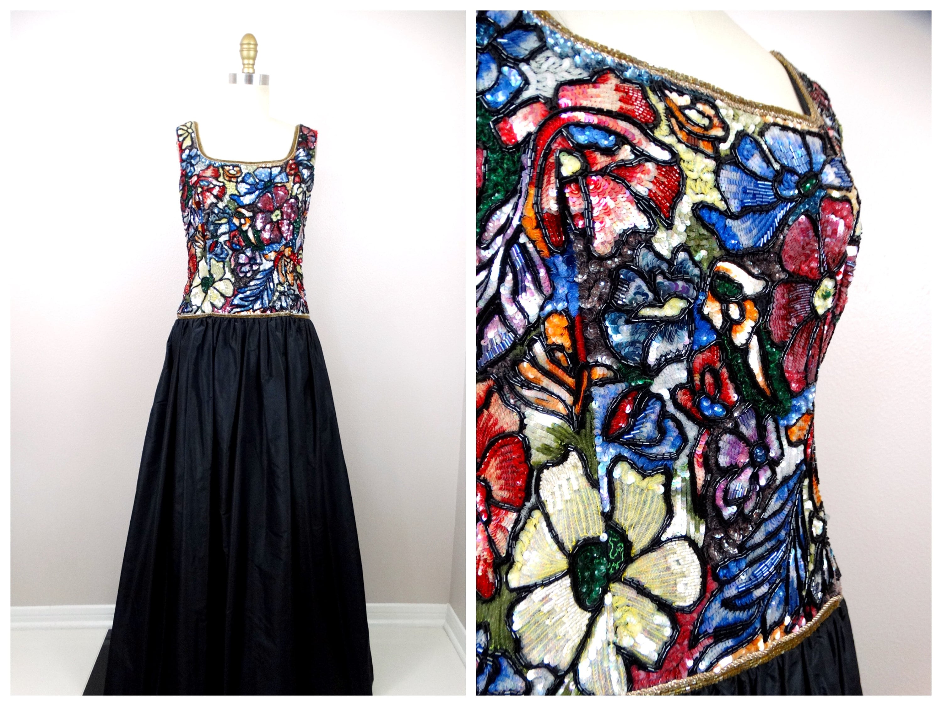 Vtg Haute Couture Floral Sequin Gown/Vintage Gala Event Full Skirt Beaded Embroidered Ballgown