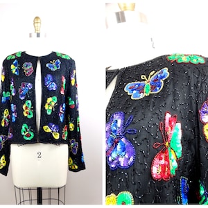 M/L Bright Sequin Butterfly Beaded Cardigan / Rainbow Butterflies Sequined Novelty Jacket M/L