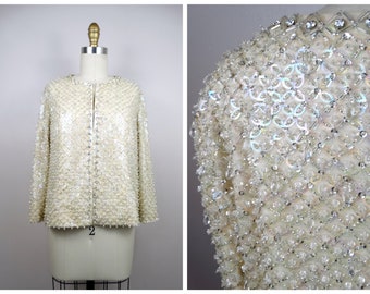 Cárdigan de lentejuelas color marfil con incrustaciones de diamantes de imitación de los años 50 y 60 / Cárdigan de seda con lentejuelas iridiscentes de los años 50 y 60 / Bolero con lentejuelas y paillettes