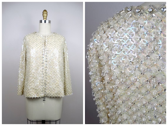 50s 60s Rhinestone Encrusted Ivory Sequined Cardigan / 1950