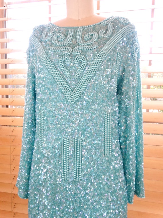 L/XL Mint Green Beaded Sequined Dress / Pastel Pe… - image 3