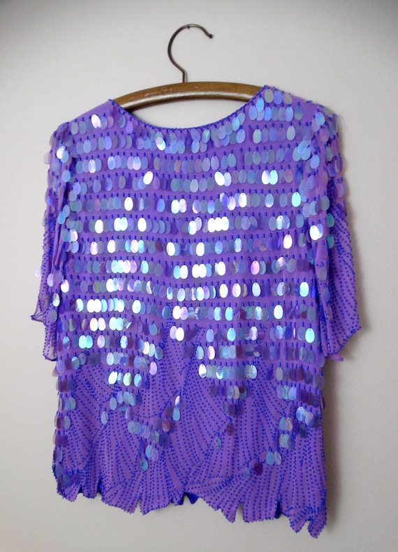 S/M Periwinkle Paillette Sequined Blue Beaded Top… - image 2