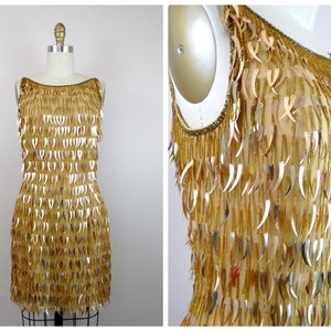 Flashy Fringe Mini Dress / Gold Cocktail Mini Dress / Tassel Beaded Wiggle Dress / Cattail Sequin Mini